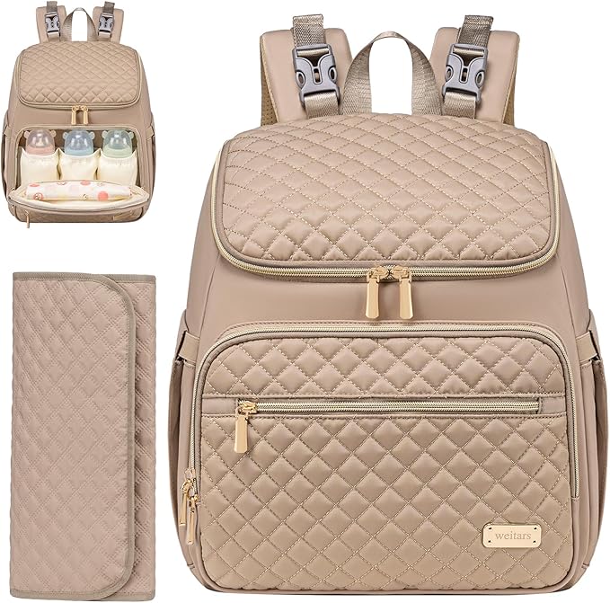 Weitars Diaper Bag Backpack Large Baby Diaper Bag with Changing Pad Travel Diaper Backpack,Baby Bag for Boys Girls,Stroller Straps,5 Insulated Pockets (Khaki)