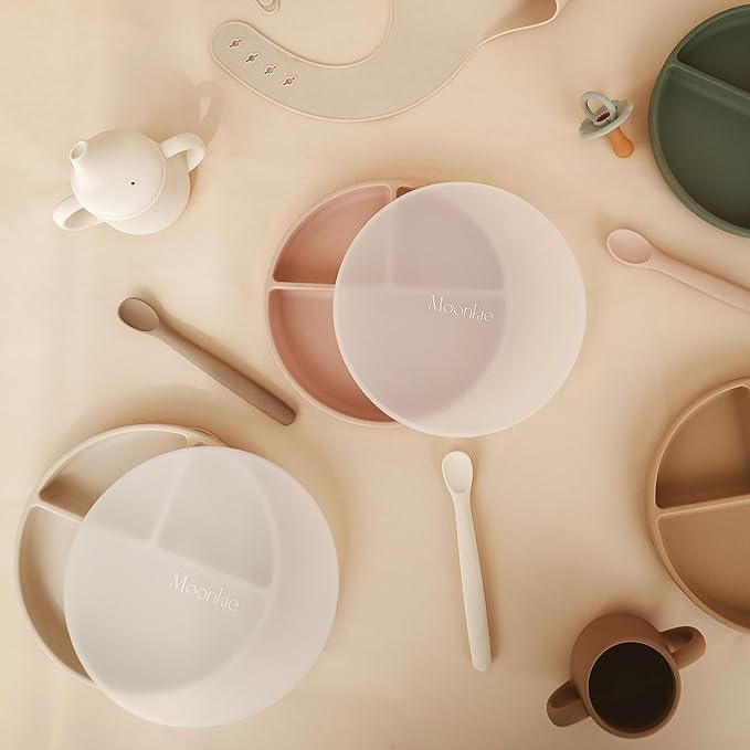 Moonkie Suction Plates for Baby | 100% Silicone BPA-Free Baby Plates with Lids and Food Cover | Divided Design | Microwave and Dishwasher Safe | Toddler Plates 2 Pack