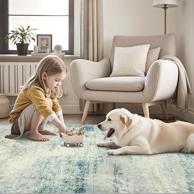 Washable Rug 6x9 Area Rugs, Abstract Large Living Room Rugs with Non-Slip Backing, Thin Carpet for Dorm Dining Room Table Nursery Indoor Home Office -Blue/Gray