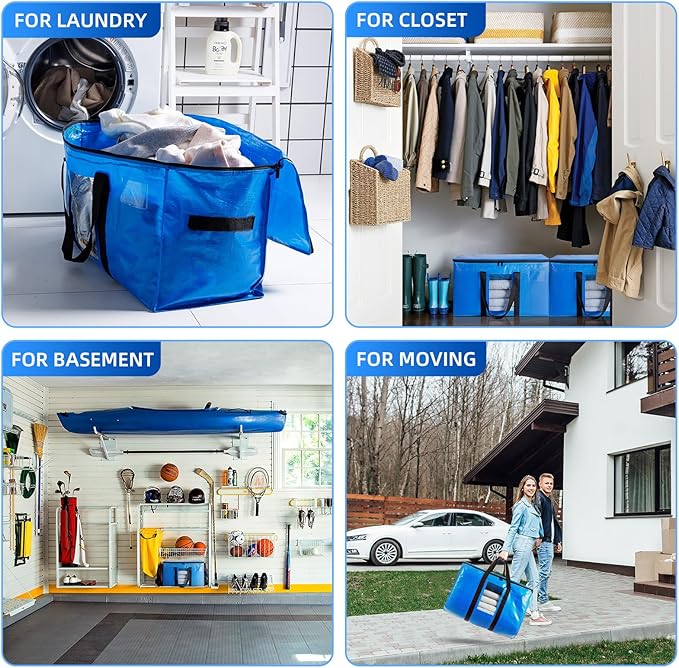 TAILI Extra Large Moving Bags, 12 Pack Blue Heavy Duty Totes For Storage with Visible Window, Wrap Around Handles, Storage Bags for Space Saving, Alternative to Moving Boxes