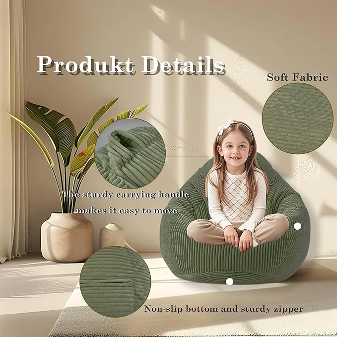 LPMOERA Bean Bag Chairs for Kids/Teen with Memory Foam Filling Bean Bag Sofa with Soft Corduroy Fabric BeanBag Chair for Living Room Bedroom College Dorm Reading Chair Green
