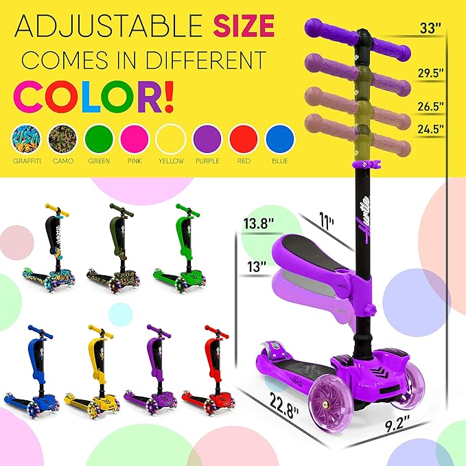 Hurtle 3-Wheeled Scooter for Kids - Wheel LED Lights, Adjustable Lean-to-Steer Handlebar, and Foldable Seat - Sit or Stand Ride with Brake for Boys and Girls Ages 1-14 Years Old