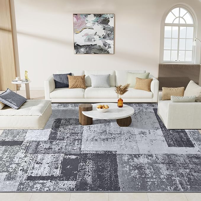 LOCHAS Rug for Living Room, Washable Soft Area Rugs for Bedroom 4x6, Abstract Carpet for Indoor Office Kids Dining Room Nursery Floor, Grey Geometric Vintage Home Decor, Non Slip, Pet Child Friendly