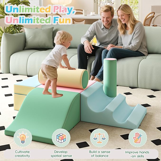 Soft Climbing Toys for Toddlers, Soft Foam Climbing Blocks, PU Leather Gym Climb & Crawl Soft Activity Playset, Indoor Climbing Toys Equipment for Kids and Children, Classic Grey, Macaron