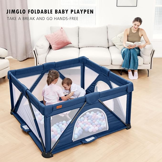 Baby Playpen Foldable, Playard for Babies and Toddlers, Portable Playpen Activity Center with 50 Balls+2 Handles for Travel, Indoor & Outdoor Play Pen with Mesh 50''x50''