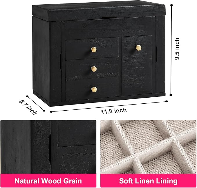Jewelry Box Organizer, Solid Wood Jewelry Boxes for Women, Double Layer Jewelry Organizer Box Display Earring Necklace Bracelet Ring, Rustic Style Small Jewelry Box for Girls (Black)