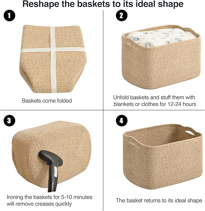 Large Storage Baskets for Organizing Shelves, Woven Cotton Rope Bins for Baby Nursery Organization, Book Toy Towel Organizer, 17"x13"x9.5", 3 Packs, Brown