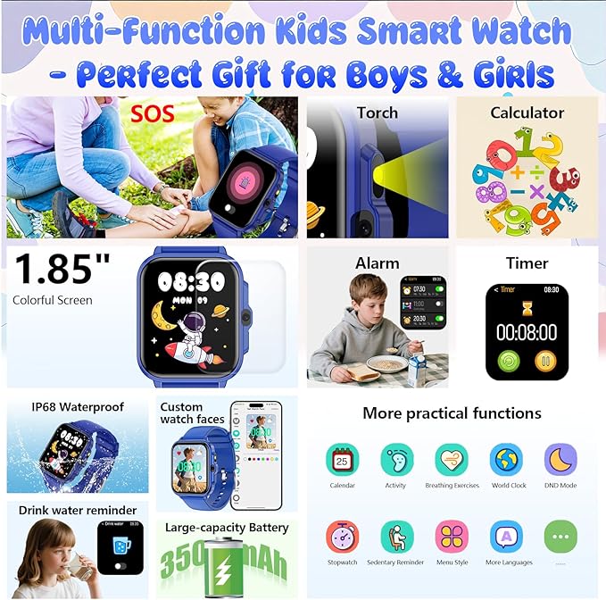Smart Watch for Kids, 1.85" Fitness Tracker Pedometer Watch, Health, Sleep Monitor, Puzzle Games, Alarm Clock, Camera, Music Player, Torch, Activity, Gift Toys for 4 - 13 Years Old Boys and Girls