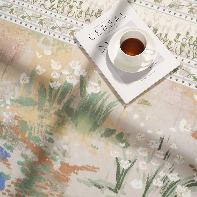 5x7 Area Rugs Impressionist-Style Vintage Washable Area Rug Non Slip Low Pile Large Rugs for Living Room Bedroom Farmhouse Dining Room Kids Playroom, Beige