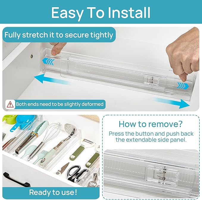 Vtopmart 4 Pack Shallow Drawer Dividers, 2.36" High 12.67"-21.14" Adjustable Expandable Kitchen Drawer Organizer, Clear Plastic Organizer Separators for Flatware, Utensil, Cutlery, Underwear, Clothes