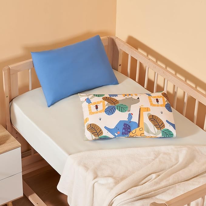 TILLYOU Toddler Pillowcases 13 x 18 Travel Pillow Case 2 Pack, Kids Pillowcases Machine Washable with Envelope Closure, Animal Geometry & Blue