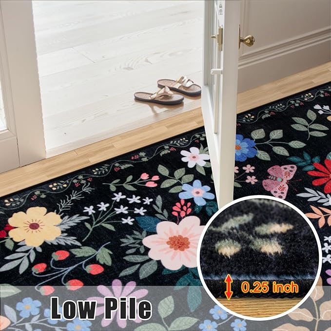 Runner Rug for Entryway: 2x6 Kitchen Rugs Non Slip Washable Ultra-Thin Soft Floral Carpet Indoor Floor Stain Resistant Carpets for Hallway Bedroom Kitchen Laundry Bathroom Dorm Black