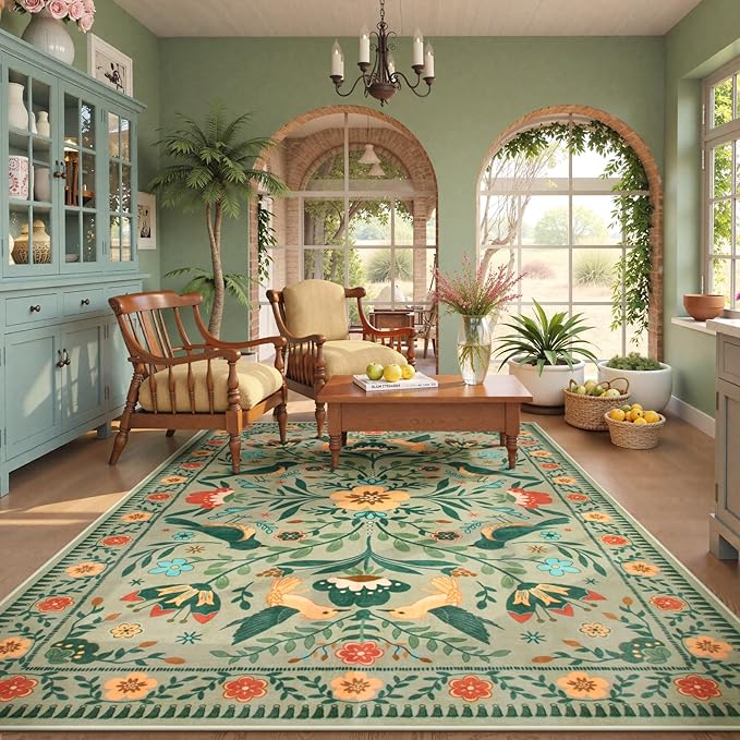 Moynesa Area Rugs 9x12 Living Room Washable, Ultra Thin Soft Boho Bird Bedroom Rug Easy Clean, Low Pile Indoor Multi Color Large Sage Green Carpet for Dining Room Kid Playroom Nursery