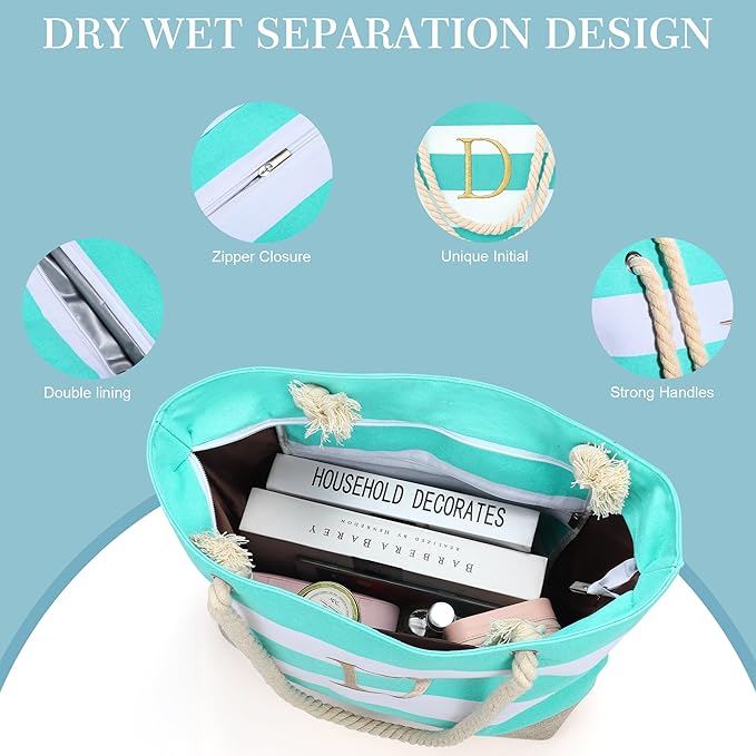 YOOLIFE Initial Canvas Waterproof Beach Tote Bag Zipper Personalized Gifts for Women Her Birthday Travel Beach Essential