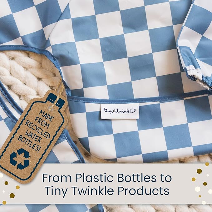 Tiny Twinkle Mess Proof Apron Bibs - 2 Pack Waterproof & Lightweight Baby Bibs for Led Weaning | 100% Recycled Polyester, Easy Clean & Machine Washable (Grey Indigo,Small 6-24 Months)