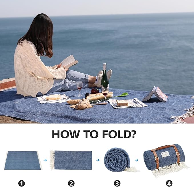 Waterproof Picnic Blankets- Extra Large Outdoor Blanket Foldable, Beach Blanket with PU Handles, Sandproof Picnic Mat for Hiking, Camping, Lawn, Park, Grass. Blue