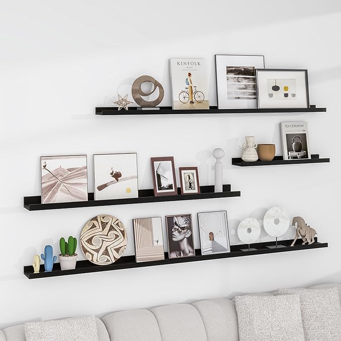 Picture Ledge Shelf, 72 inch Solid Ash Wood Floating Shelves Set of 2, Picture Ledge Ledge Wall Mounted for Living Room Kids' Room Bedroom, Color Black