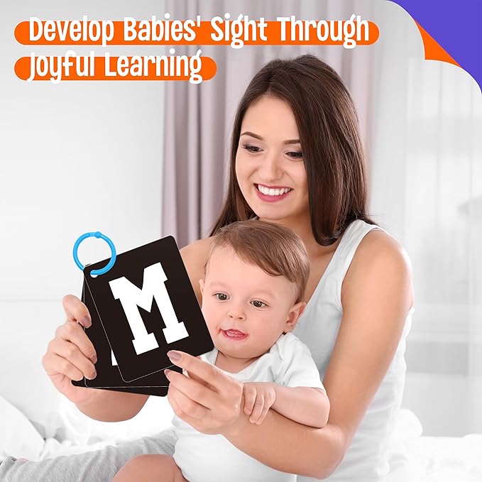 52 PCS Baby Visual Stimulus Cards, Double-Sided High Contrast Black and White, Colorful Alphabet Words Flashcards, Visual Sensory Development Montessori Cards Set for Newborn Baby, Kids, Preschool
