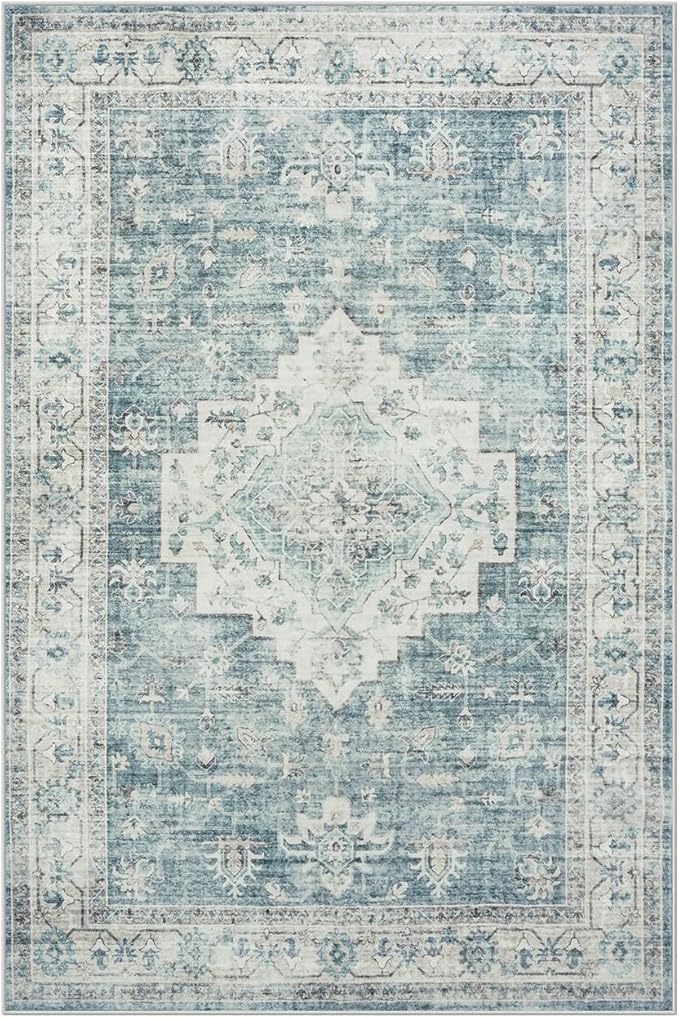 LIVEBOX Bedroom 4x6 Washable Area Rug for Entryway Kitchen, Non-Slip Soft Boho Rugs for Dining Room Office, Farmhouse Low-Pile Neutral Soft Carpet for Nursery Room Playroom, Blue