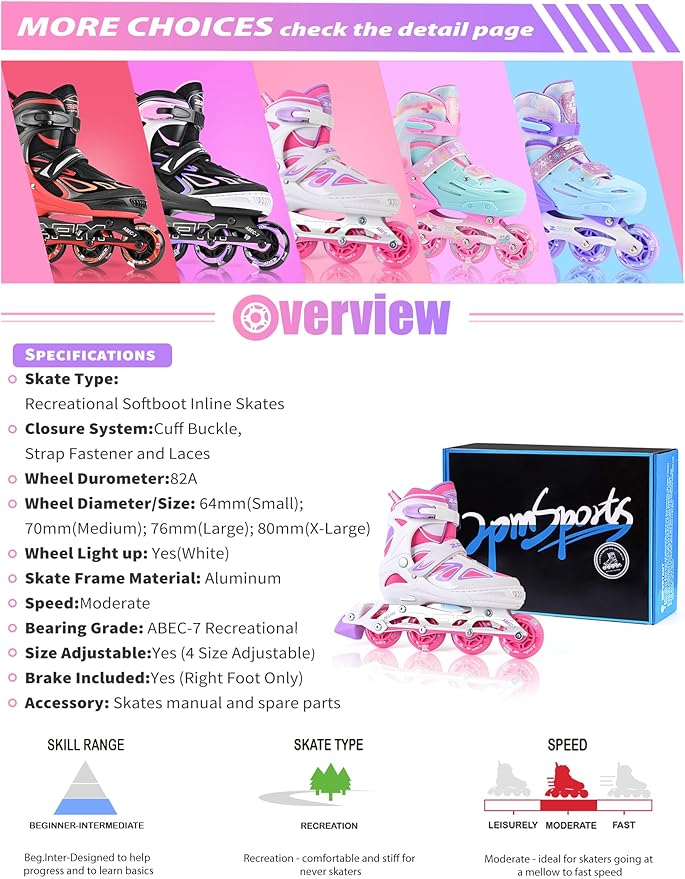 2PM SPORTS Vinal Girls Adjustable Flashing Inline Skates, All Wheels Light Up, Fun Illuminating Skates for Kids Men Adult Women and Boys