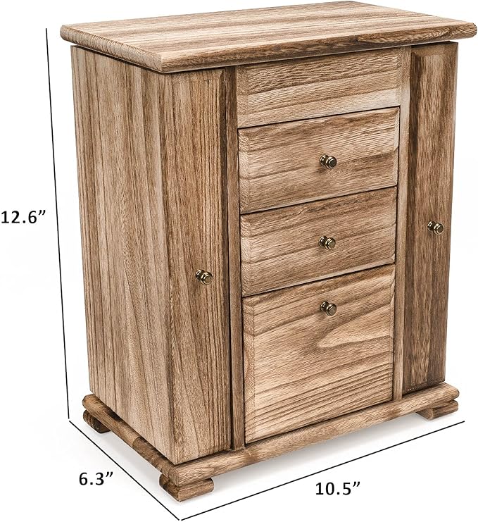 Jewelry Box for Women, Rustic Wooden Jewelry Boxes & Organizers with Mirror, 4 Layer Jewelry Organizer Box Display for Rings Earrings Necklaces Bracelets (Rustic Brown)
