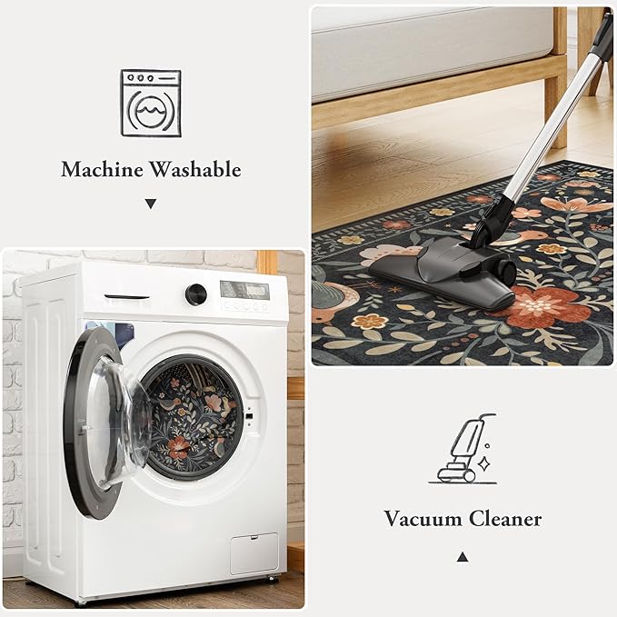 Moynesa Boho Bird 5x7 Area Rugs for Living Room, Black Floral Living Room Rug 5x7 Washable Low-Pile Bedroom Rug Non Slip, Vintage Soft Jungle Animal Floor Carpet for Nursery Playroom