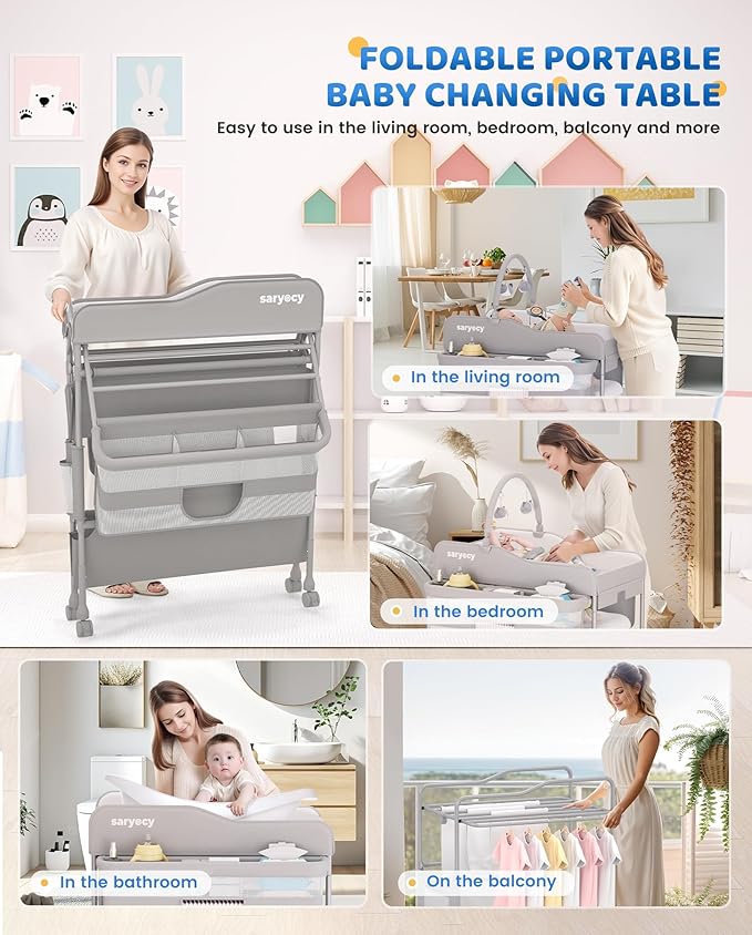 Baby Changing Table, Versatile Folding Changing Table, Waterproof Diaper Changing Station, Adjustable Height with 2 Drawers,Baby Changing Station, Mobile Nursery for Infant and Newborn