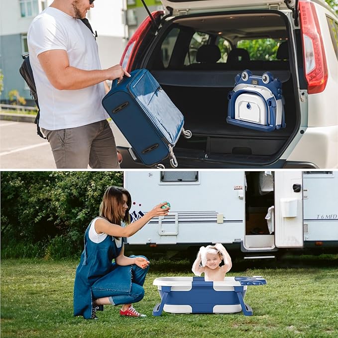 Collapsible Baby Bathtub for Newborns to Toddler with Real-time Temp Monitor & Floating Cushion,Portable Travel Tub for 0-36 Month, Foldable Baby Bath Tub for Infants Boy (Blue)