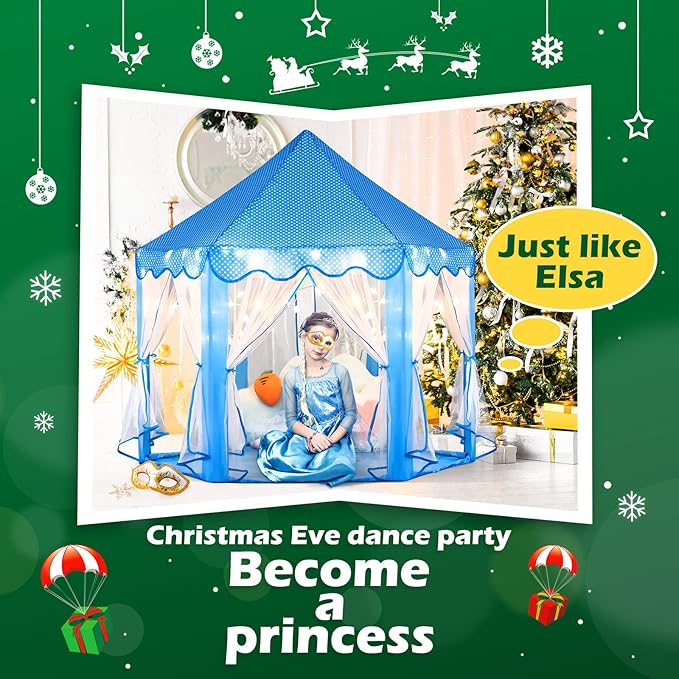 Sumbababy Princess Castle Tent for Girls Fairy Play Tents for Kids Blue Hexagon Playhouse with Fairy Star Lights Toys for Children or Toddlers Indoor or Outdoor Games (Blue Princess Tent)