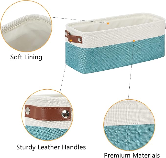 DULLEMELO Small Bathroom Closet Storage Baskets Canvas Fabric Storage Bins for Toilet 2 Pack Collapsible Home Organizer With Handles (White&Teal)