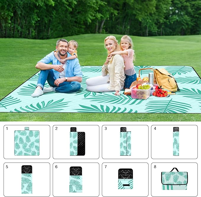 Picnic Blankets Waterproof Sandproof, 79''x79'' Extra Large Foldable & Portable Beach Blanket, 3-Layer Fabric Outdoor Mat for Family Camping, Park, Travel, Grass Lawn, Adults & Kids-Tropical Fern