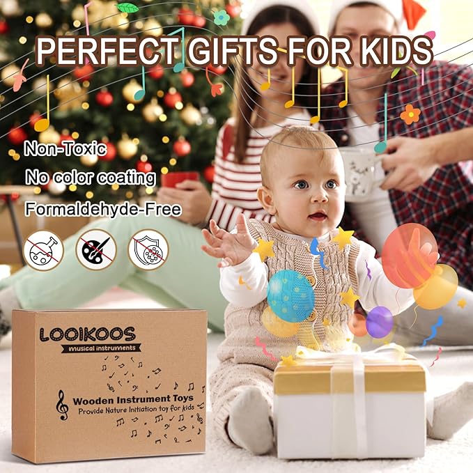 LOOIKOOS Toddler Musical Instruments Montessori Natural Wooden Percussion Instruments for Kids Preschool Educational Musical Toys Set for Boys and Girls with Storage Bag