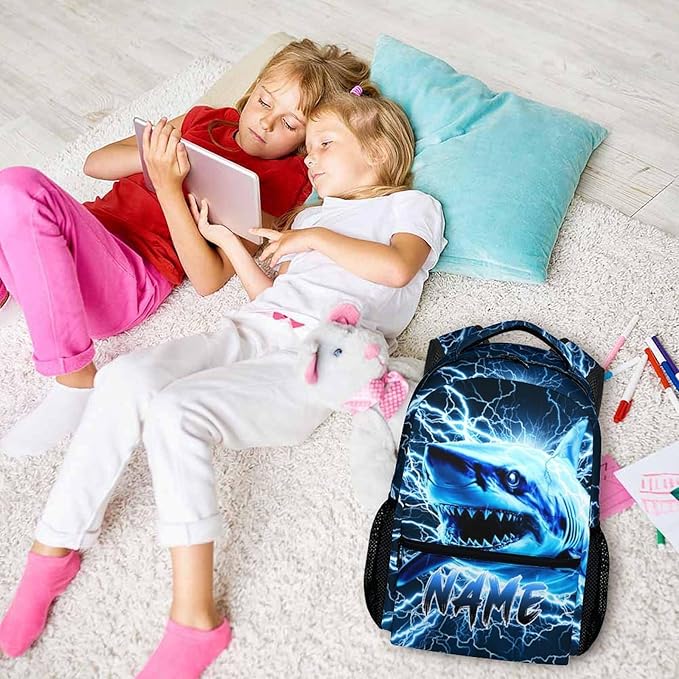 Shark Backpack for Kids Boys - 17 Inch Custom Backpacks with Name for Kindergarten Primary Elementary Senior Middle - Cool Durable Personalized Lightning Bookbag