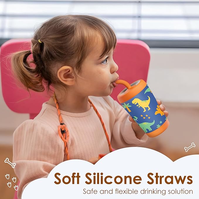 Kid Insulated Stainless Steel Tumbler with Silicone Straw, 12oz Sippy Cup for Kids (Dinosaurs)
