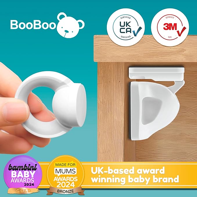 Booboo® Magnetic Child Safety Cupboard Locks for Children x4 Locks + x1 Key, Baby Proofing for Kitchen, Cabinets and Drawers, 30 Second Install No Drilling 3M Adhesive (4 Pack)