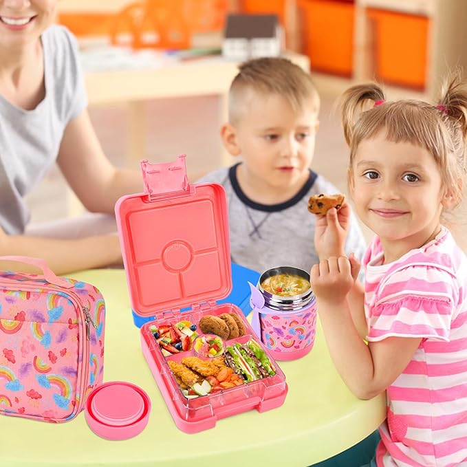 Bento Lunch Box Set With 10oz Soup Thermo, Leak-proof Lunch Containers with 4 Compartment, Kids Hot Thermo Food Jar/Insulation Lunch Bag, Food Containers for School(Rainbow)