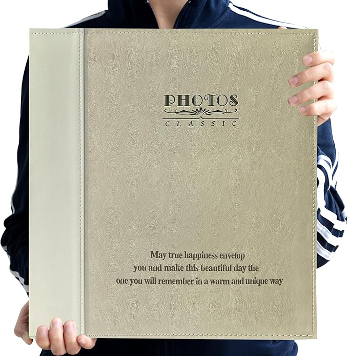 Magnetic Self-Stick Page Photo Album, Family Album, Leather Cover, Hand Made DIY Albums Holds 3x5, 4x6, 5x7, 6x8,8x10 Photos (Oatmeal)