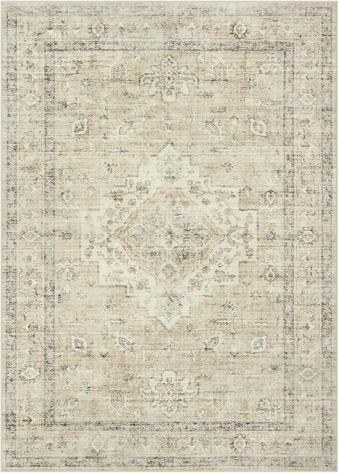 LIVEBOX Washable Area Rug 5x7 Rugs for Living Room Bedroom, Non-Slip Boho Neutral Carpet for Dining Room Office, Low-Pile Farmhouse Soft Carpets for Kids Nursery Room Playroom, Tan