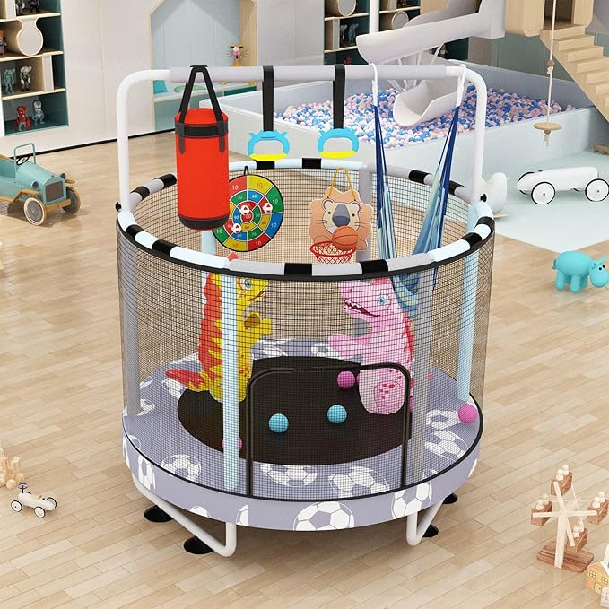 LAMERGE 55" 7-in-1 Round Trampoline for Kids Boys & Girls Ages 1-8, Indoor & Outdoor Trampoline for Fun, Adjustable Height Handrail & Enclosed Safety Net & Durable Designs for Toddlers Children