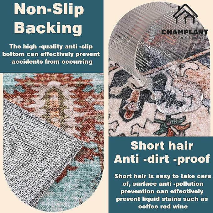 Washable Area Rug 8'x10' Blue Khaki Retro Boho Design Non-Shedding Non-Slip Easy Care Ideal for High Traffic Areas in Living Room Bedroom Office Coffee Table Kitchen Large Carpet