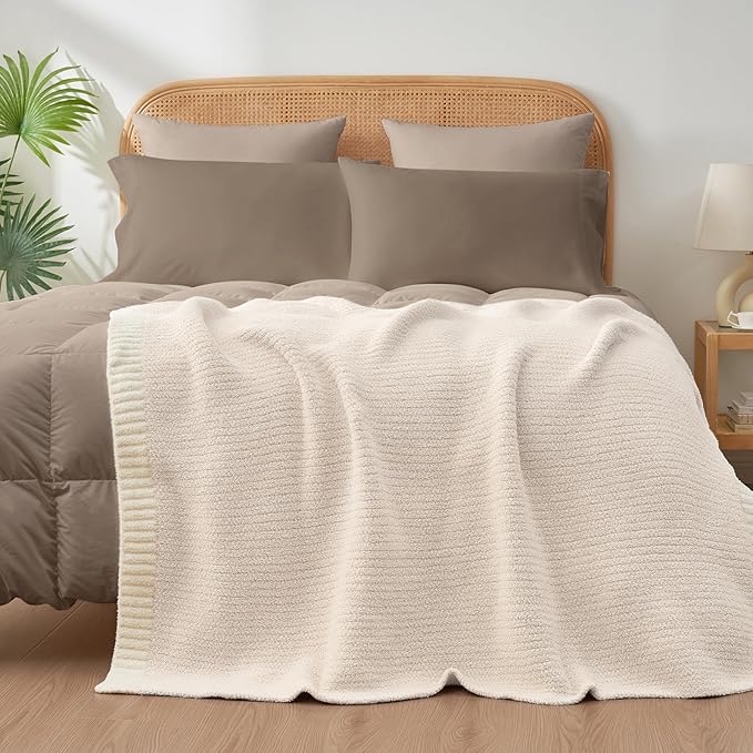 Snuggle Sac Heather Ivory Oversized Throw Blanket for Couch, Super Soft Warm Blankets Cozy Knit Fuzzy Lightweight Throw XL for Sofa, Bed, Heather Ivory, 50x 70 inches