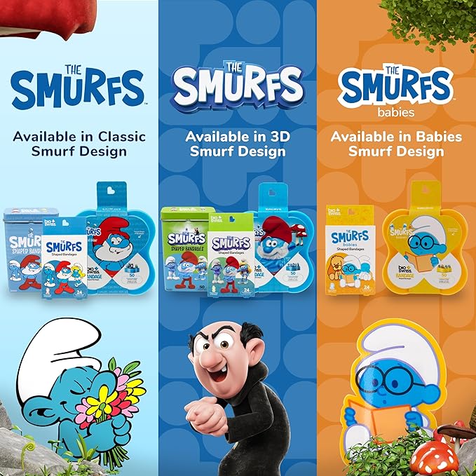 BioSwiss Bandages, The Smurfs Classic Shaped Self Adhesive Bandage, Latex Free Sterile Wound Care, Fun First Aid Kit Supplies for Kids and Adults, 50 Count Plastic Case