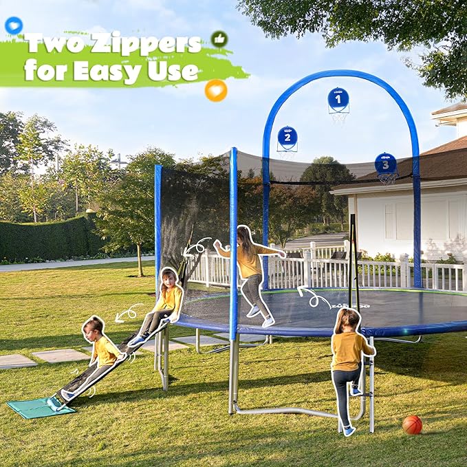 Zupapa Trampolines No-Gap Design 1500 LBS Weight Capacity 16 15 14 12 10 8FT for Kids Children with Safety Enclosure Net Outdoor Backyards Large Recreational Trampoline