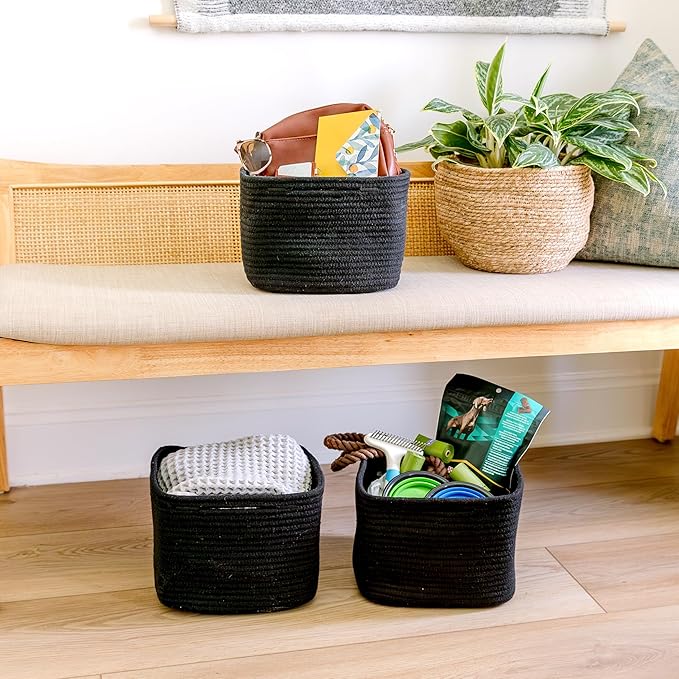 NaturalCozy Storage Cubes 9”x9”x7”Cotton Rope Woven Baskets for Organizing 3-Pack | 9 Inch Cube Storage Bin | Small Basket for Shelf Nursery, Pantry, Decorative Plant, Bathroom Closet, Toy Gift