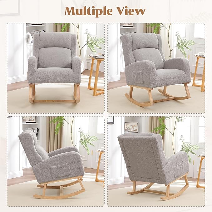 Rocking Chair Nursery, Nursing Rocking Chairs for Mom Nursery, Comfy Wingback Glider Rocking Armchair with Side Pocket for Nursery Living Room Bedroom, Teddy Light Grey