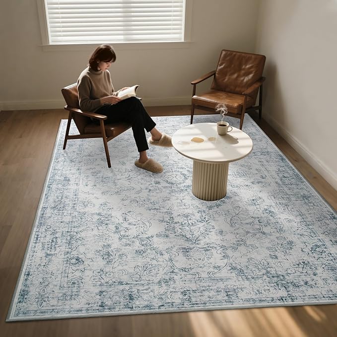 Light Blue 6x9 Area Rug Machine Washable for Living Room, Distressed Non Slip Rugs for Bedroom, Traditional Indoor Retro Floral Accent Vintage Carpet for Office Dining Room, Dorm