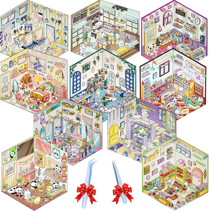 DIY 3D Sticker Scene,10 Sets Pack(600+) Large-Sized, Reusable Sticker Book, Cute Sets for Free Combination, Waterproof for Anywhere, Crafts Party Favors Birthday Gift