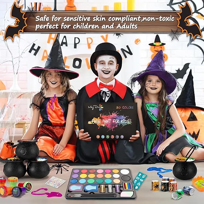 Maydear Face Painting Kit for Kids - 20 Colors Water Based Makeup Palette with Stencils, Glitters, Rainbow Split Cake, Hair Dye Clips, for Parties, Halloween, Safe Professional Body & Face Paint Kit