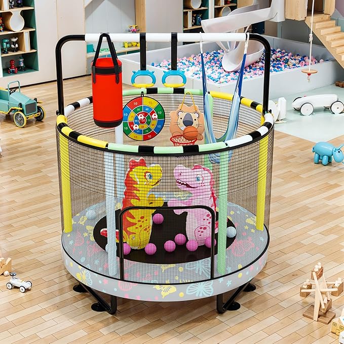LAMERGE 55" 7-in-1 Round Trampoline for Kids Boys & Girls Ages 1-8, Indoor & Outdoor Trampoline for Fun, Adjustable Height Handrail & Enclosed Safety Net & Durable Designs for Toddlers Children