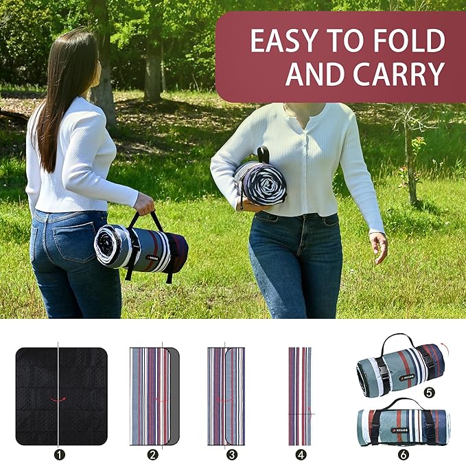 HX&OD Outdoor Picnic Blanket Extra Large, 80''*60'' Waterproof Picnic Mat with Stakes Foldable Camping Blanket Portable with Carry Strap for Beach Mat (Green& White, 80''*60'')